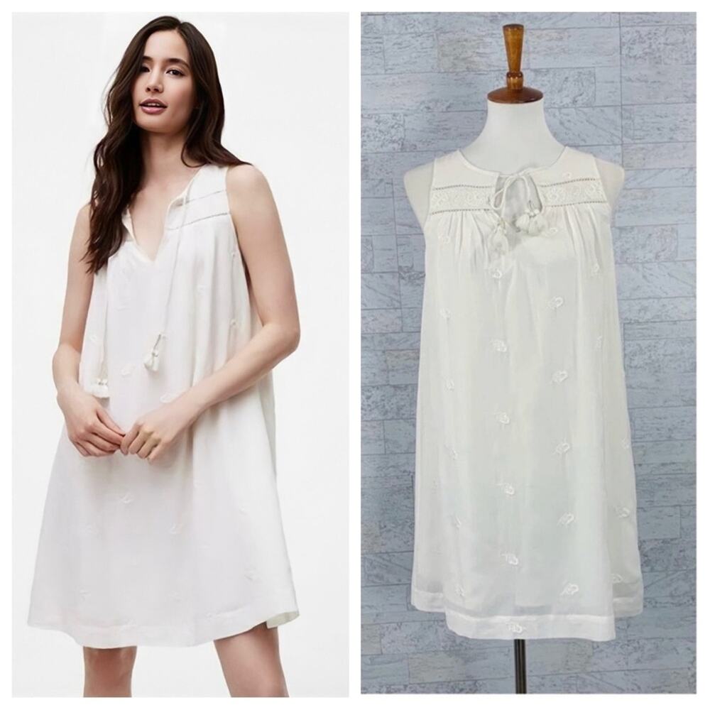 LOFT cream embroidered sleeveless tassel boho A line swing dress